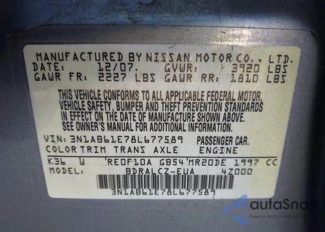 2008 Nissan Sentra 2.0/2.0S/2.0Sl z USA, uszkodzony, nr VIN 3N1AB61E78L677589